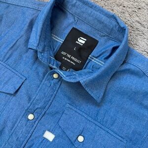 G-Star Raw Men’s Large Blue Denim Pearl Snap Short Sleeve Shirt  Pocket